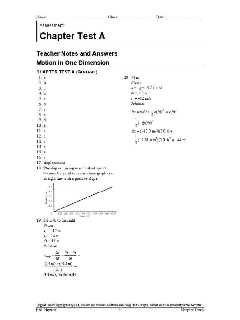 Chapter Test A: Teacher Notes and Answers Motion in One Dimension | PDF ...