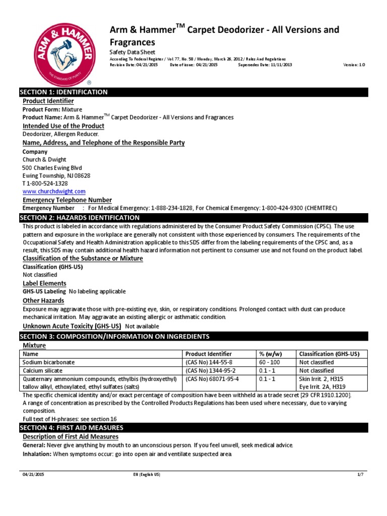 Safety Data Sheet for Arm Hammer Carpet Deodorizer All Versions and