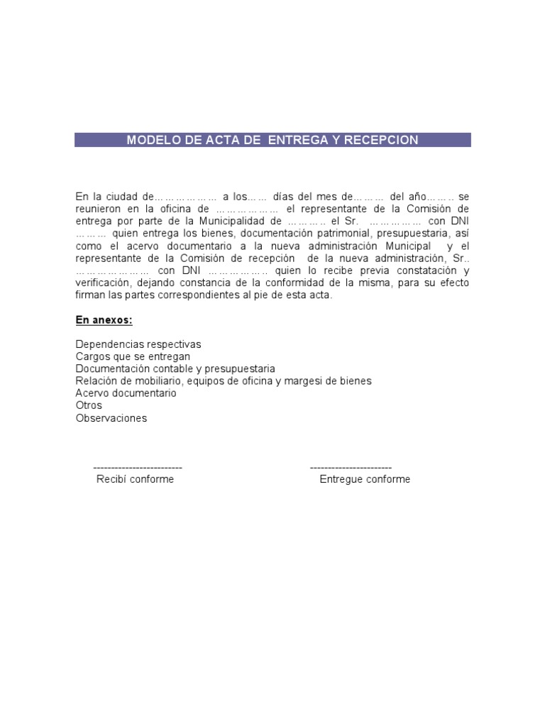 Modelo acta de recepción