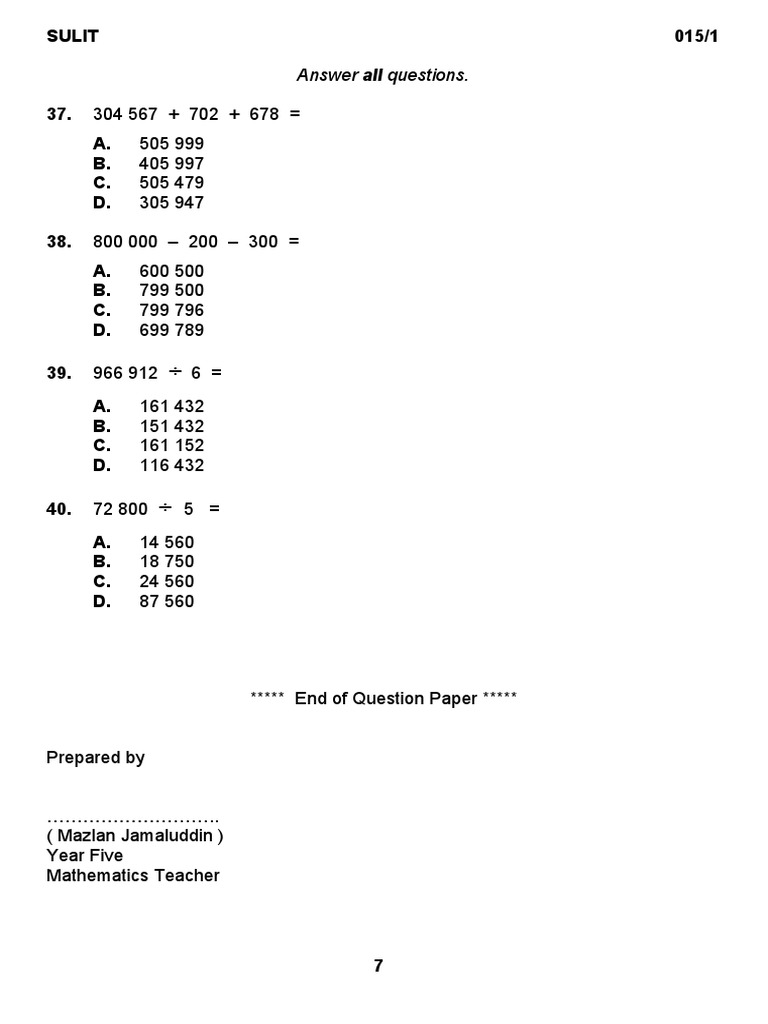 Year 5 Mathematics Question Paper | PDF | Notation | Mathematical Notation