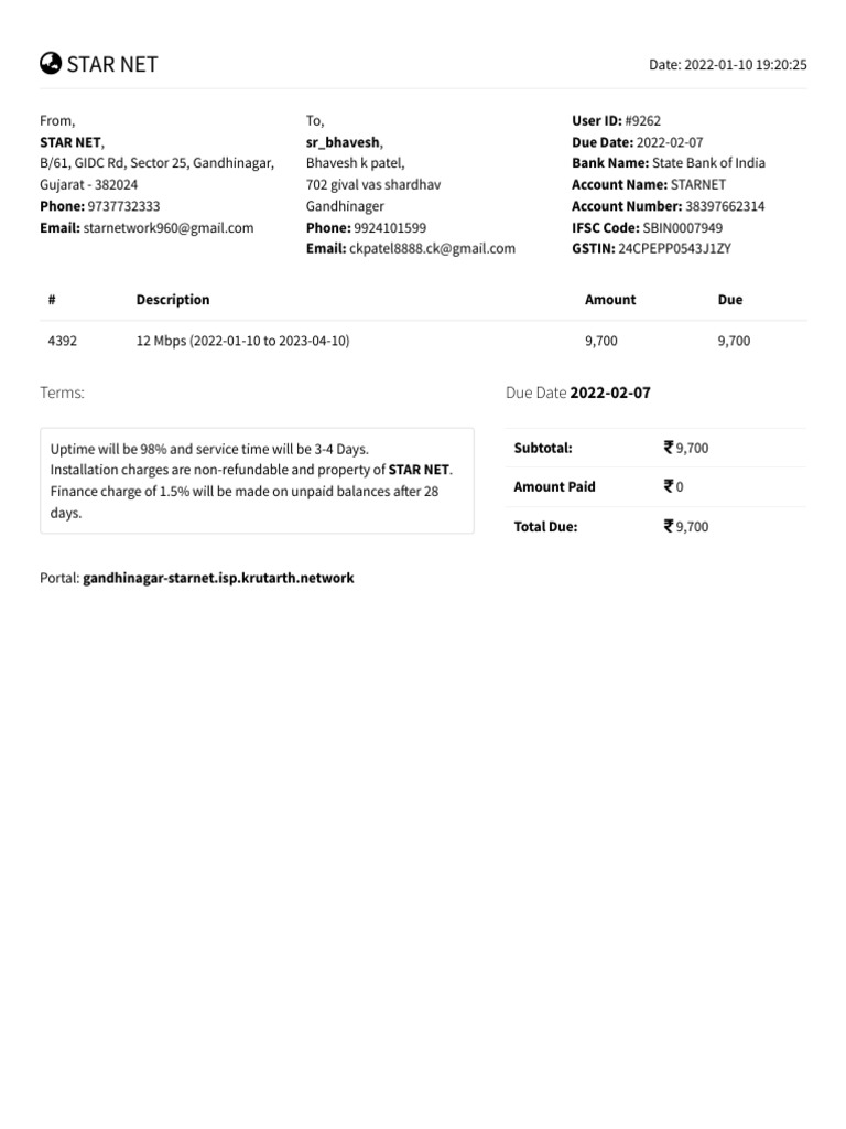 STAR NET Invoice for Internet Service | PDF