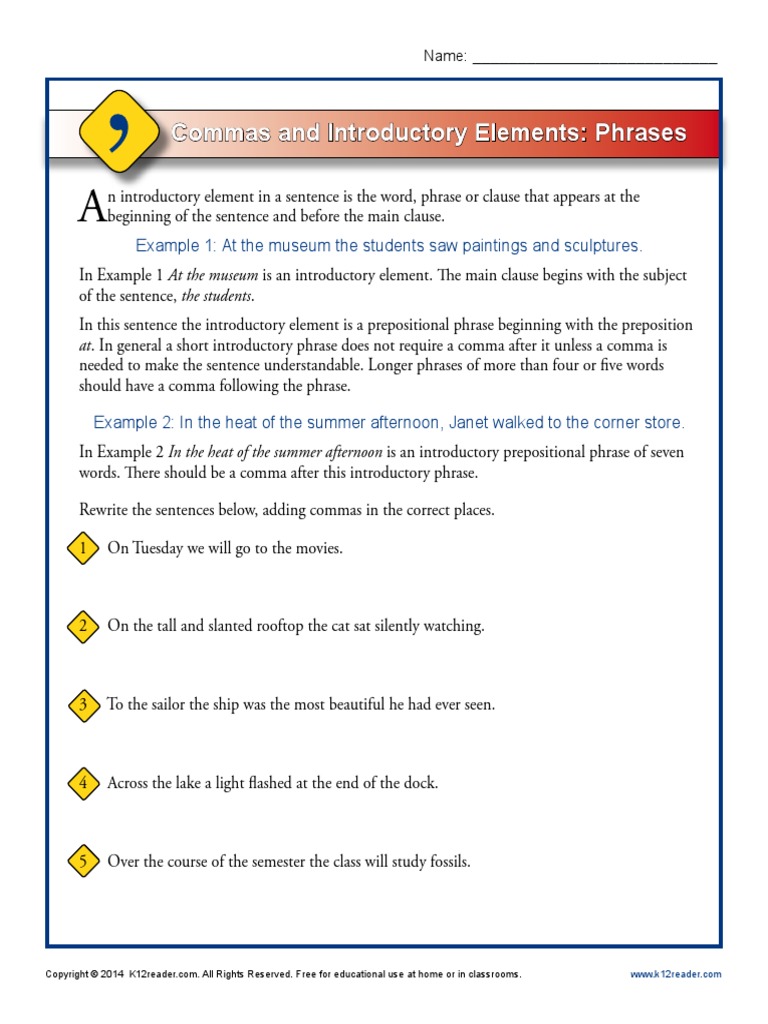 Commas And Introductory Elements Phrases Example 1 At The Museum The
