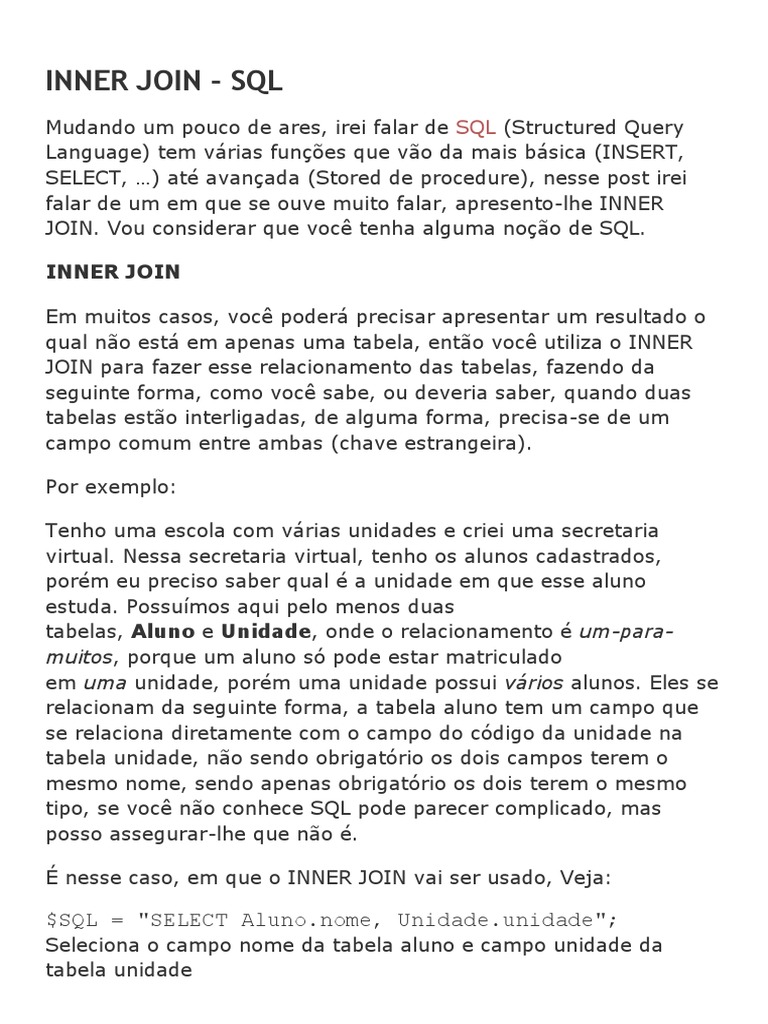 Exemplo de INNER JOIN em SQL | PDF | SQL | Tabela (banco de dados)