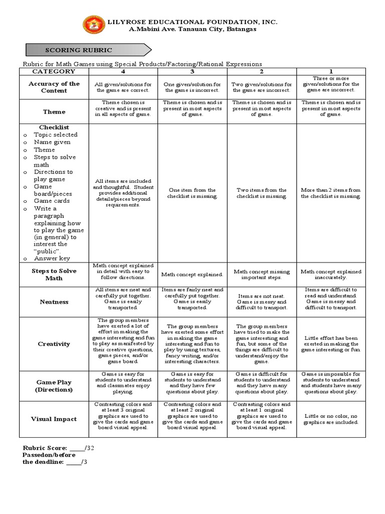 Rubric - Math Game | PDF | Mathematics | Rubric (Academic)