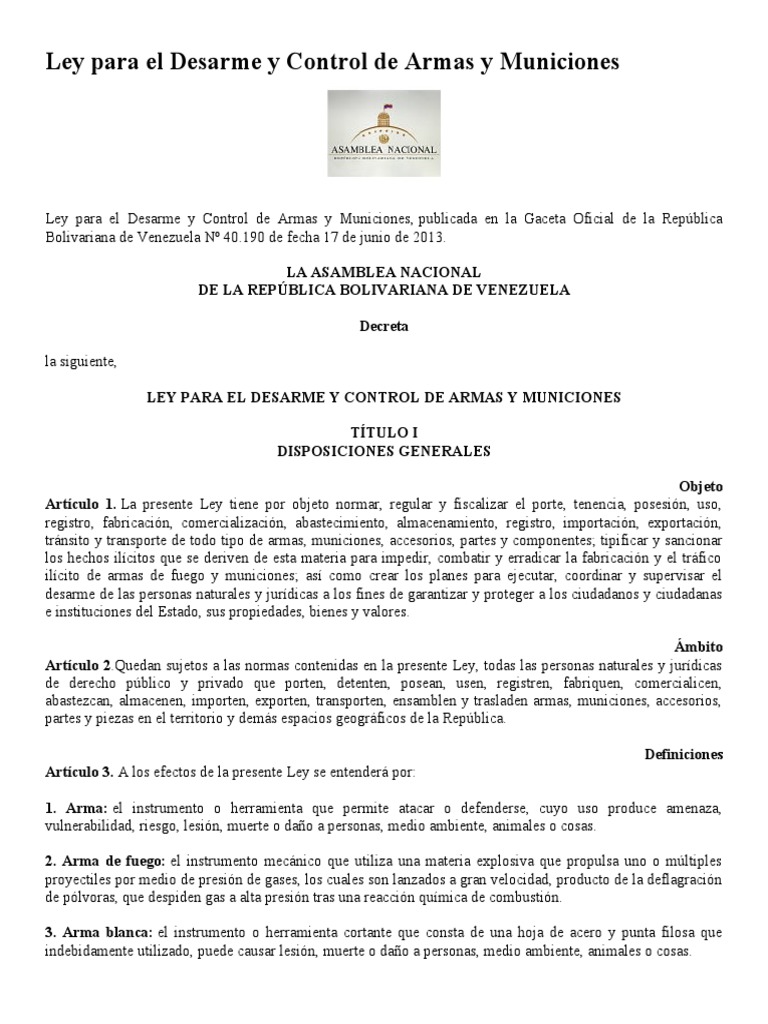 Ley para El Desarme y Control de Armas y Municiones PDF Policía
