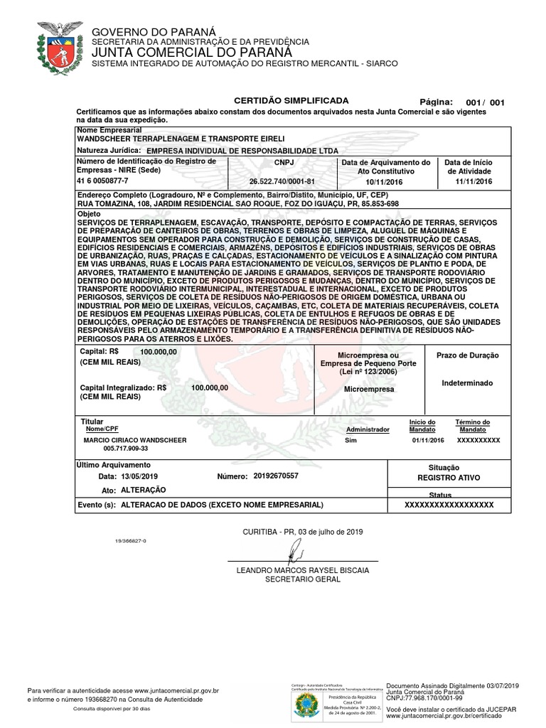 Certidão Simplificada 07 2019 Pdf Desperdício Economias