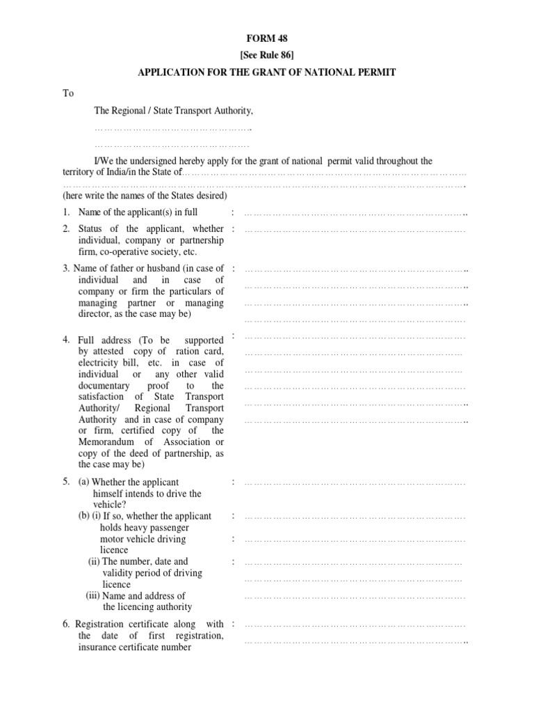 Form 48 (See Rule 86) Application For The Grant of National Permit 