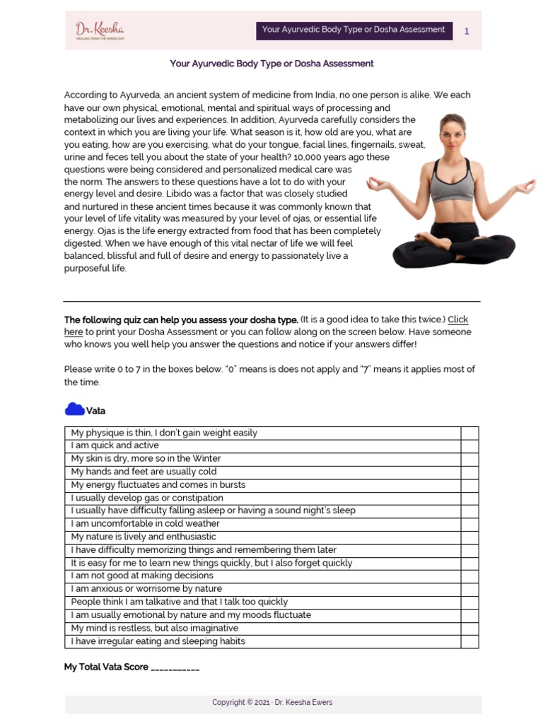 Your Ayurvedic Body Type or Dosha Assessment v2.0 PDF Ayurveda Health Sciences