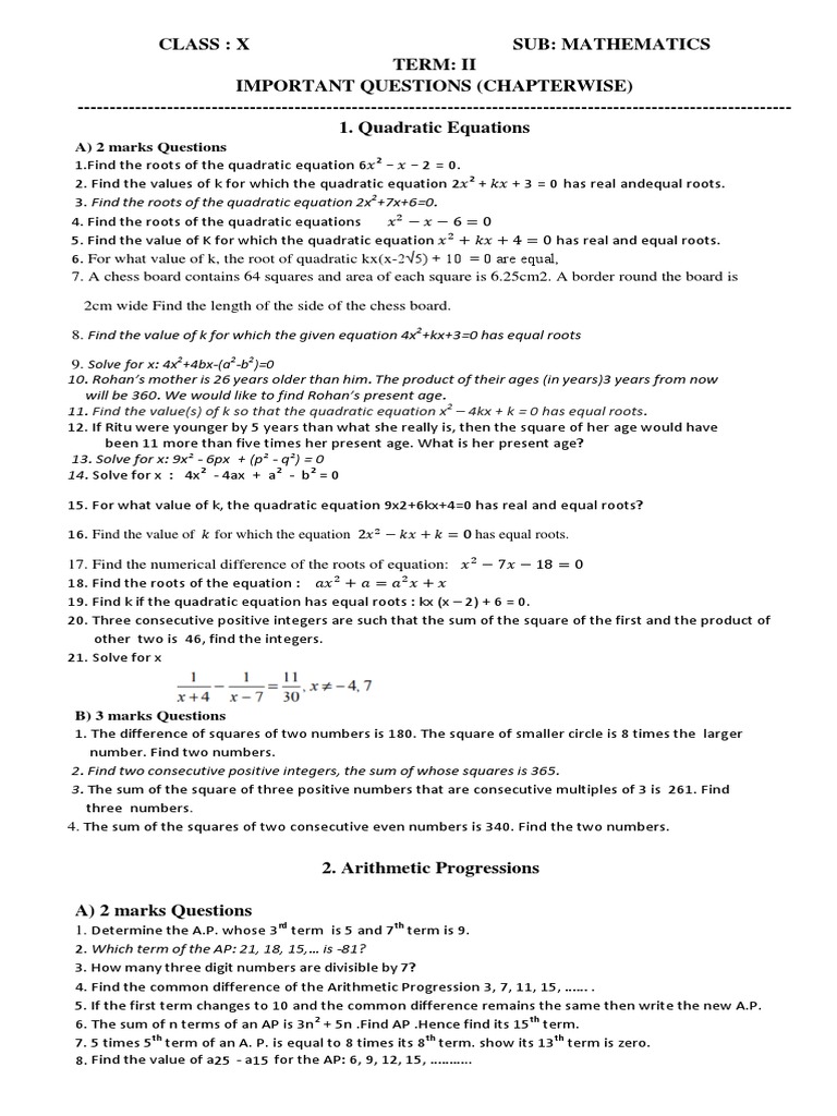 Important Math Questions for Class X | PDF | Circle | Sphere