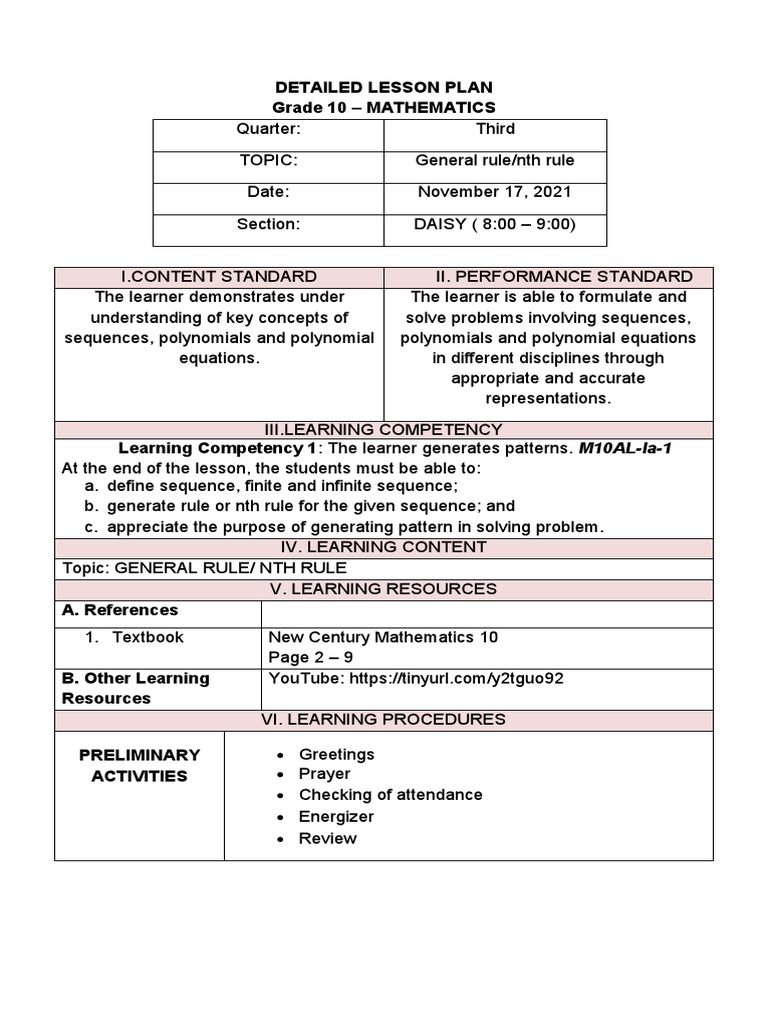 Detailed Lesson Plan Grade 10 Mathematics PDF Sequence Ellipsis