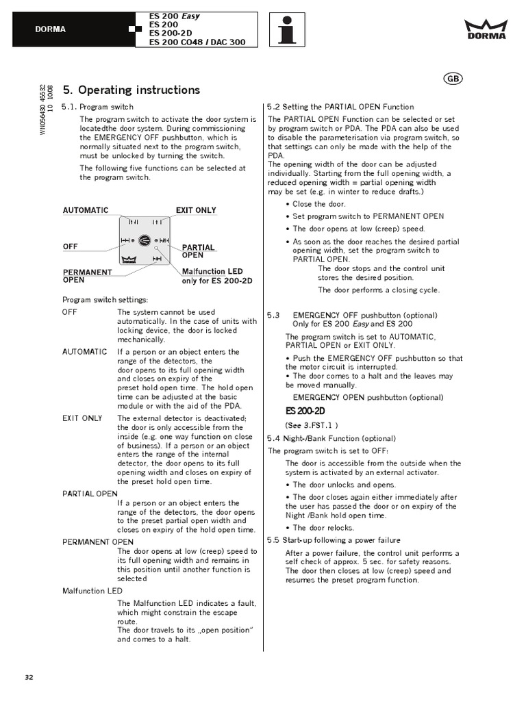 Operating Instructions for the DORMA ES 200 Series Automatic Door