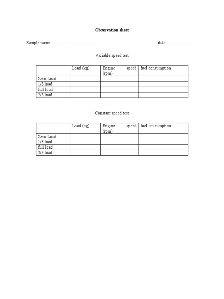 Sample Name Date Variable Speed Test Load (KG) Engine Speed (RPM) Fuel ...