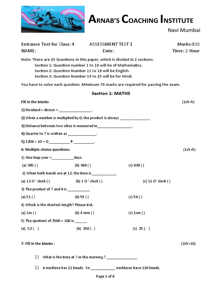 Rnab s oaching nstitute entrance test for class 4 assessment test 1