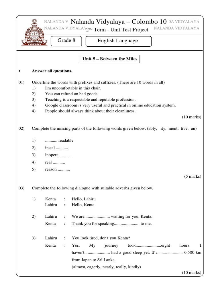 Nalanda vidyalaya colombo 10 2 term unit test project project