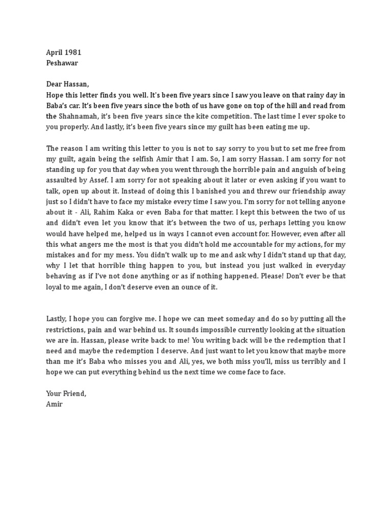 Amir's Letter To Hassan Kite Runner PDF