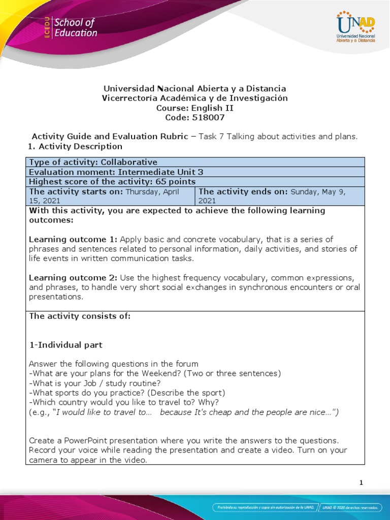 Activity Guide and Evaluation Rubric - Unit 3 - Task 7 - Talking About ...