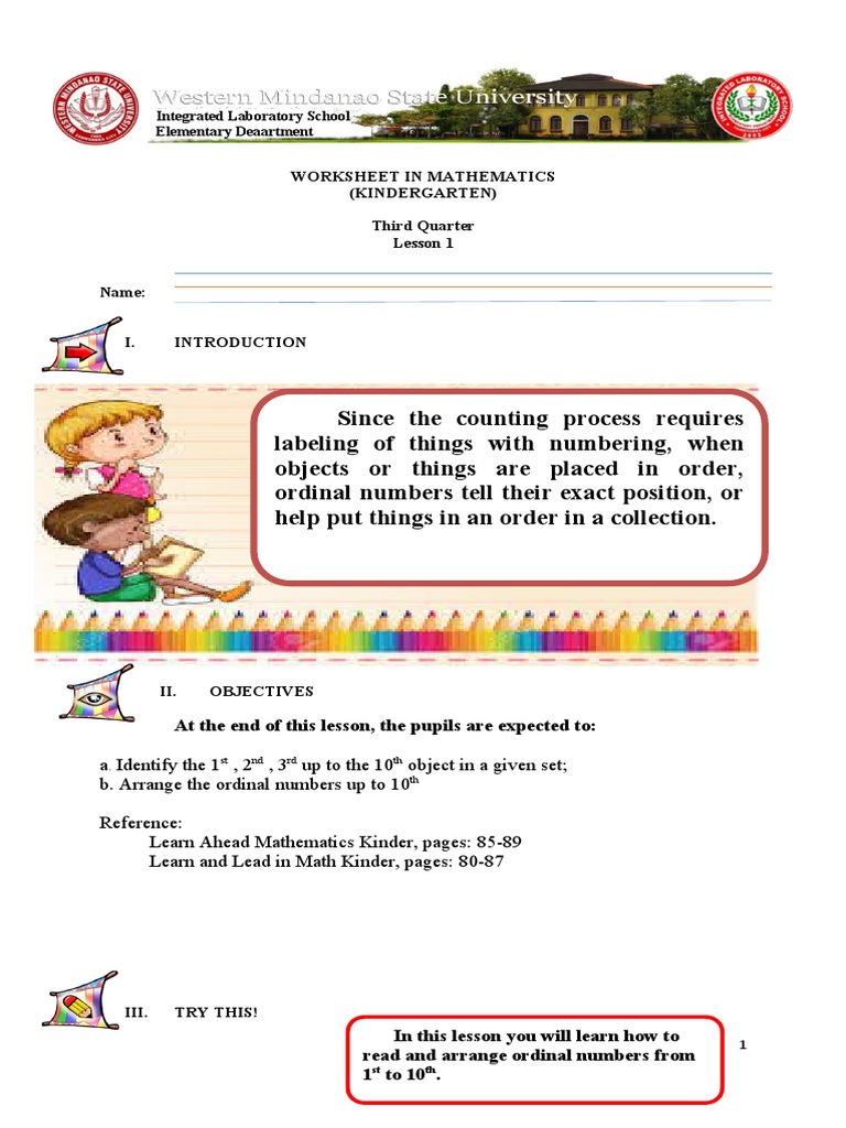 Worksheet in Mathematics (Kindergarten) Third Quarter Lesson 1 Name: I ...