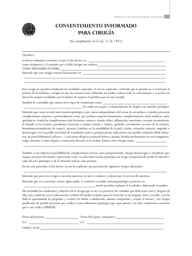 CONSENTIMIENTO Informado PDF Cirugía Medicina CLINICA