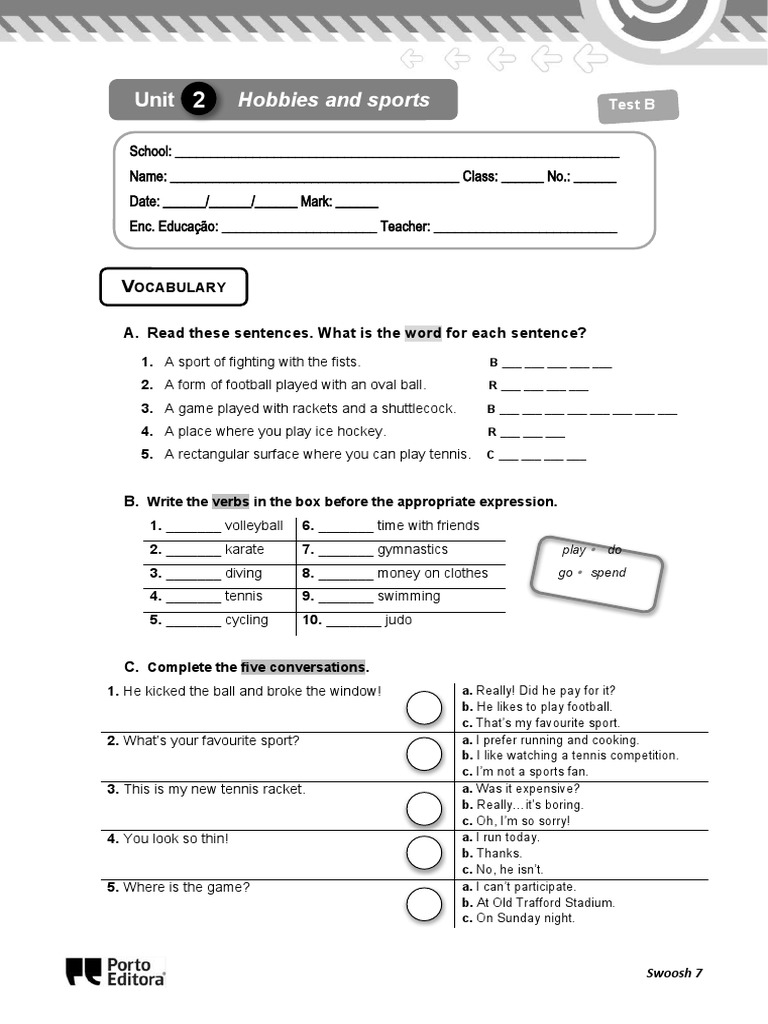 Unit Hobbies and Sports A. Read These Sentences. What Is The Word For