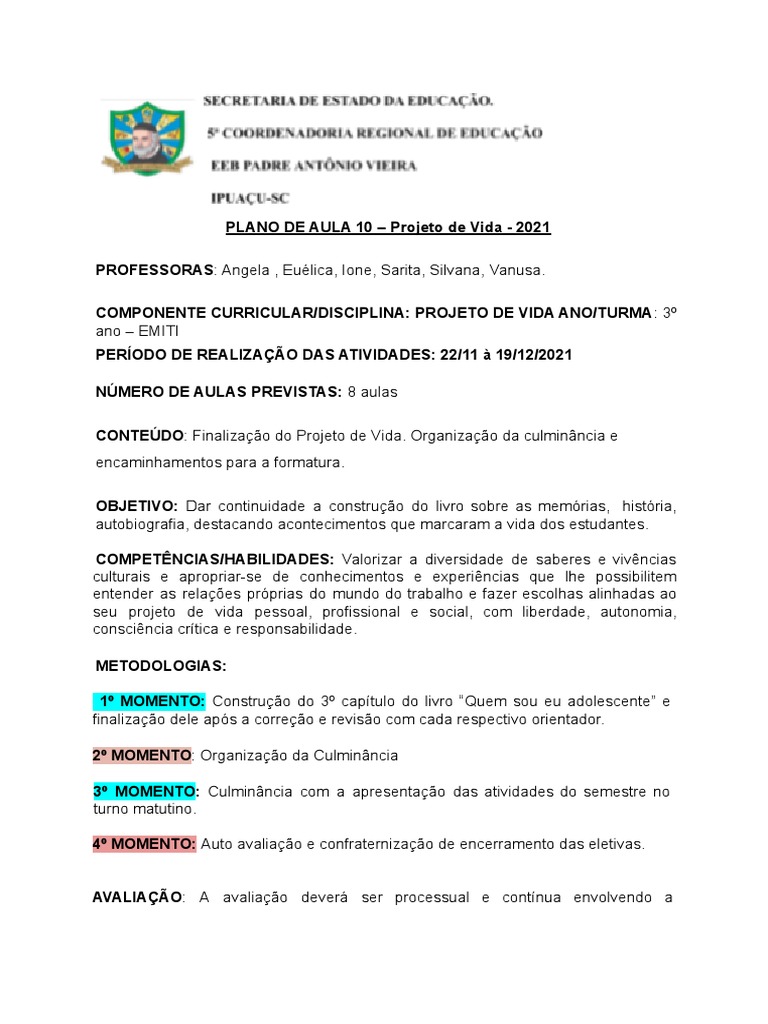 Plano de Aula: Projeto de Vida 3º Ano | PDF