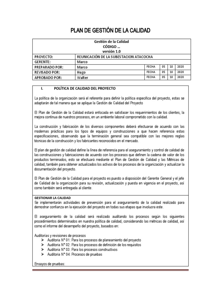 Gestion de La Calidad Del Proyecto | PDF | Calidad (comercial ...