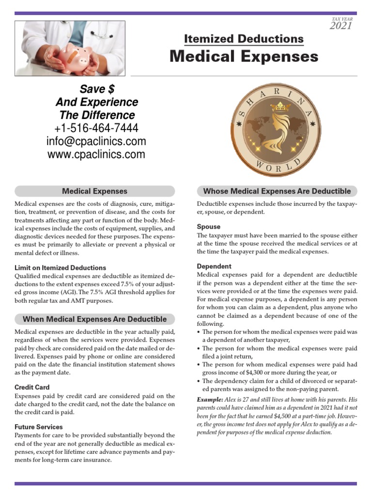Itemized Deductions Medical Expenses 2021 PDF Expense Tax Deduction