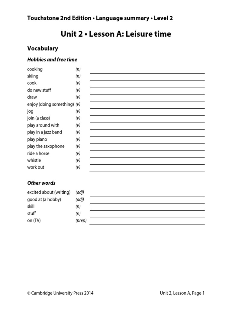 Unit 2 - Lesson A: Leisure Time: Touchstone 2nd Edition - Language ...
