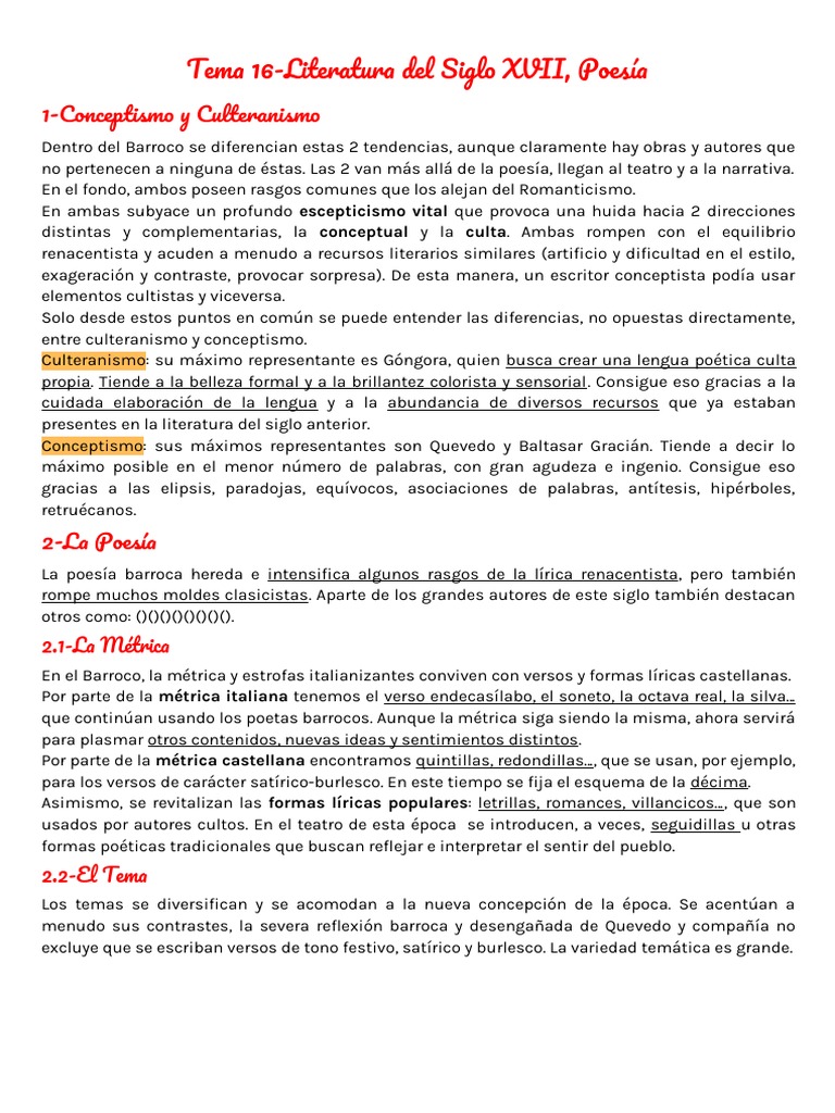 Tema 16 Literatura Del Siglo Xvii Poesía Y Prosa Pdf Poesía