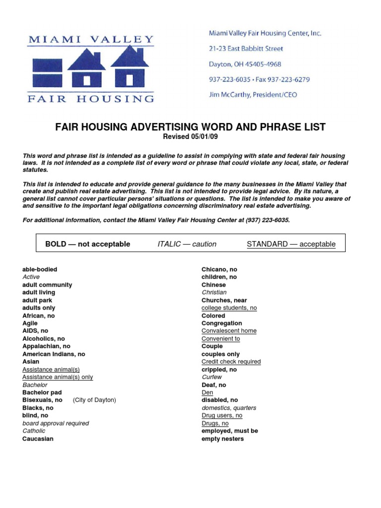 Fair Housing Advertising Word and Phrase List Housing Discrimination