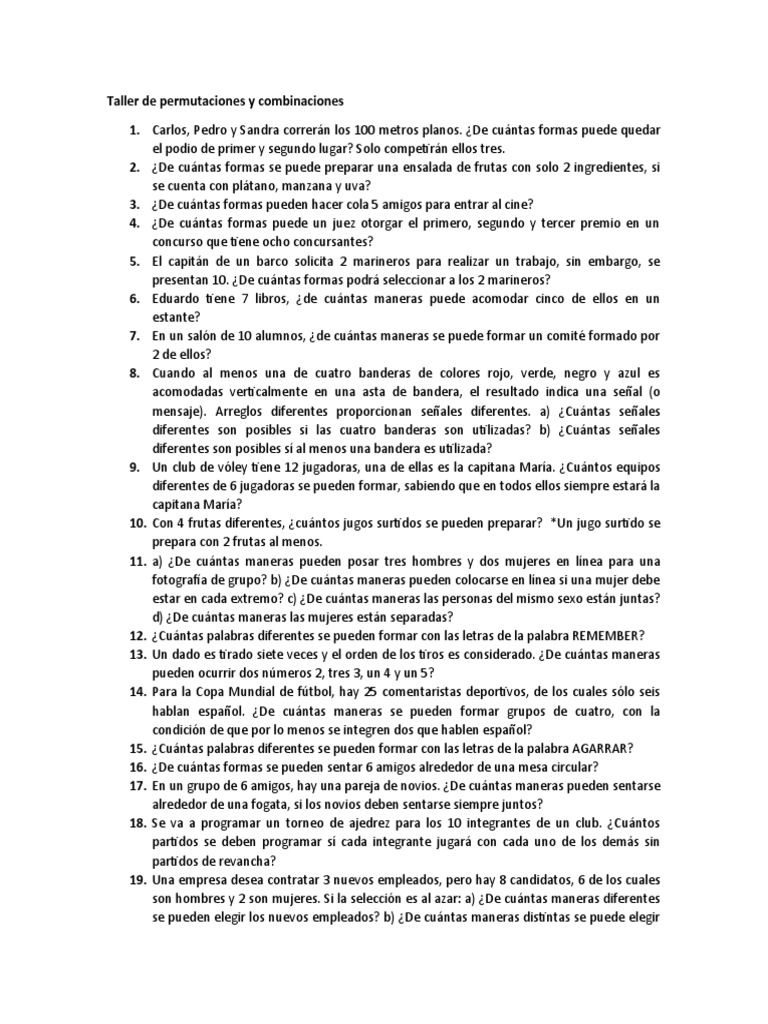 Taller de combinaciones y permutaciones | PDF