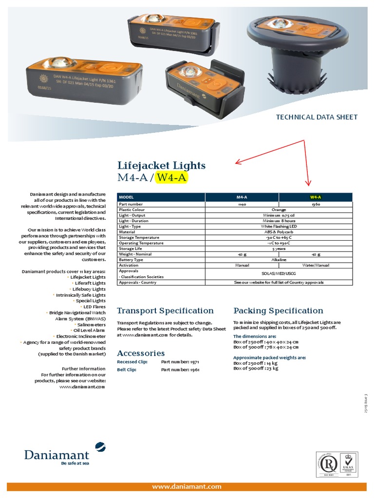 Daniamant Lights Life Jacket Light DAN W4A Data Sheet PDF