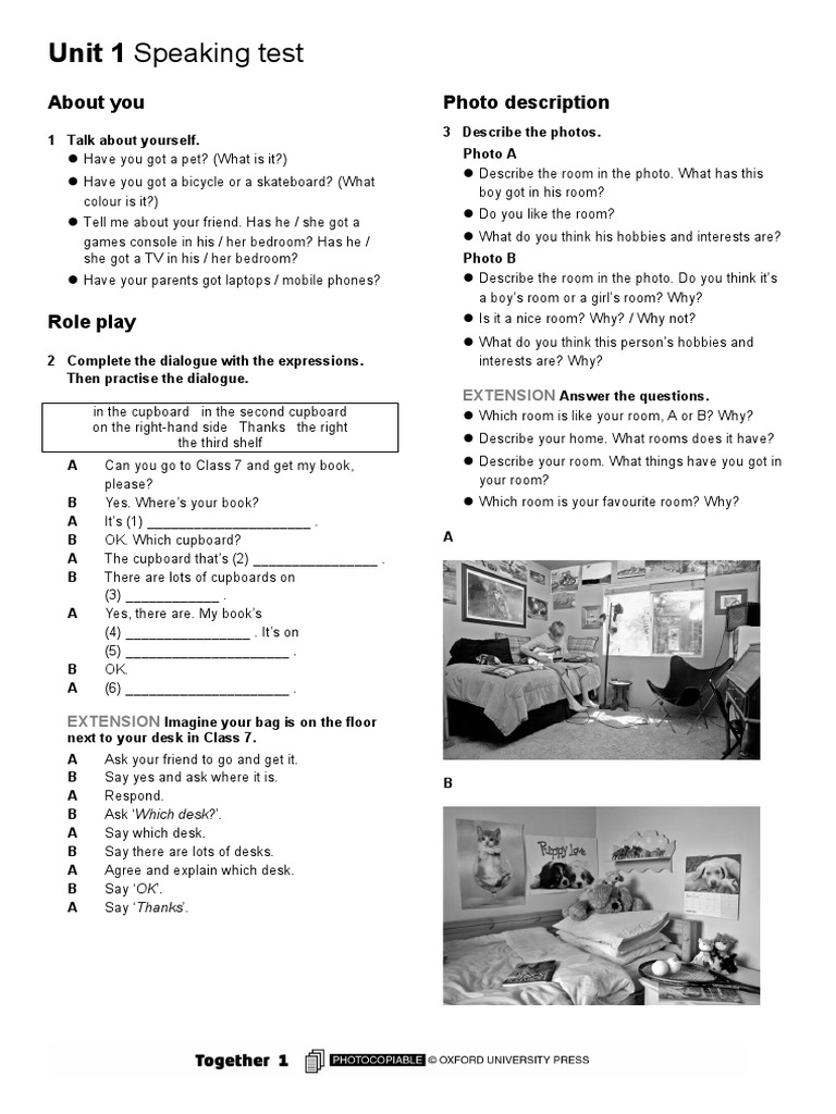 Unit 1 Speaking Test: About You Photo Description | PDF
