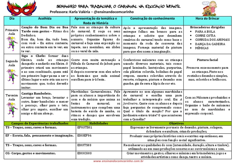 Semanário para Trabalhar o Carnaval Na Educação Infantil de Acordo Com ...