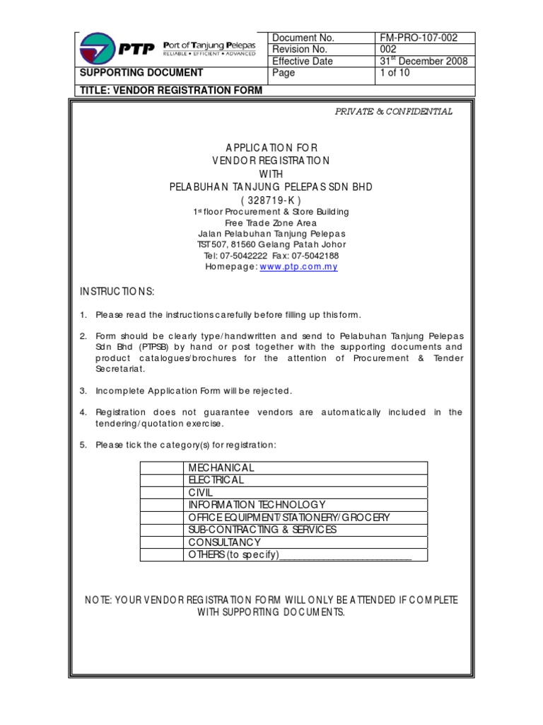 PTP Vendor Registration Form PDF Sole Proprietorship Government