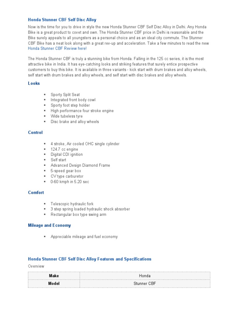 Honda Stunner CBF 125 Specifications | PDF | Fuel Economy In ...