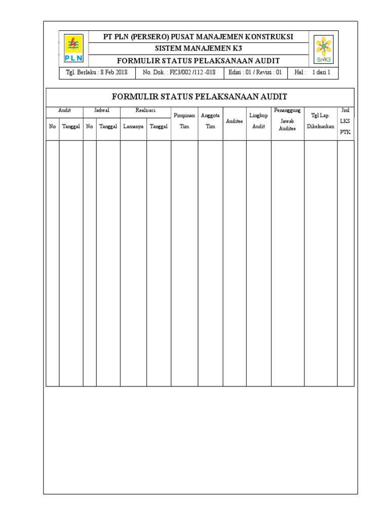 FK3 002 112-018 Form Status Pelaksanaan Audit | PDF | Teknologi & Rekayasa