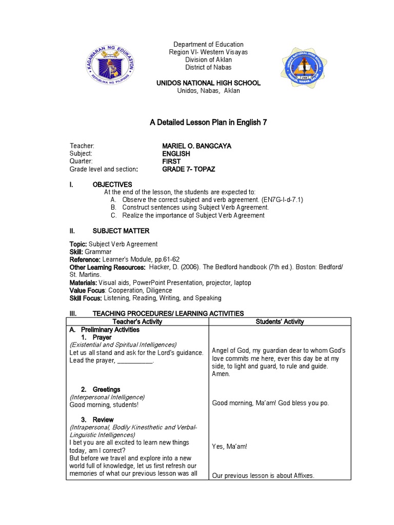 English COT 1 Subject Verb Agreement PDF Subject (Grammar