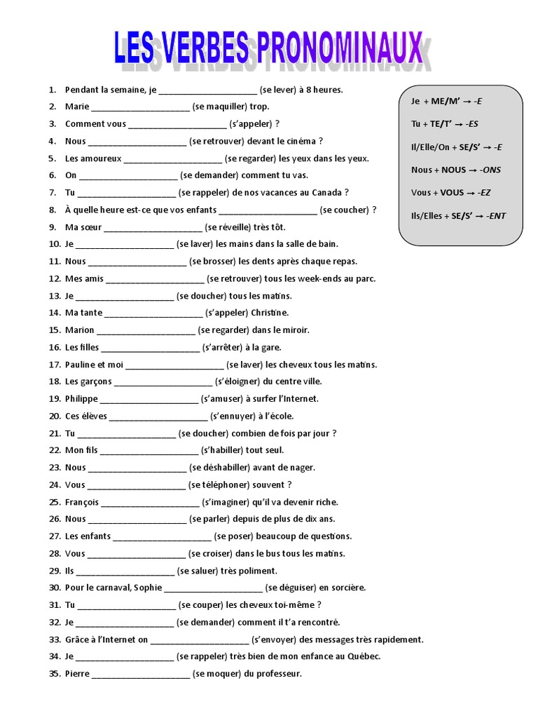 Les Verbes Pronominaux Exercices Corrigés Les Verbes Pronominaux Au Present Exercice Grammatical Feuille Dexercices  Fiche Peda - 65784 | PDF | Échecs | Théorie (échecs)