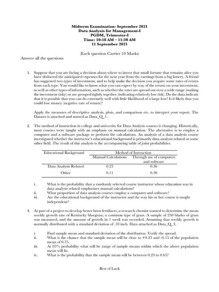 Midterm Exam: Data Analysis Insights | PDF | Mean | Standard Deviation