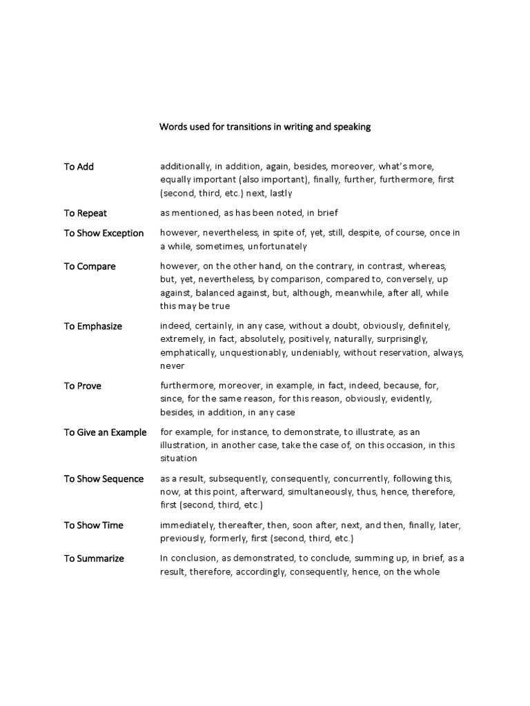 Transition Words | PDF | Language Arts & Discipline