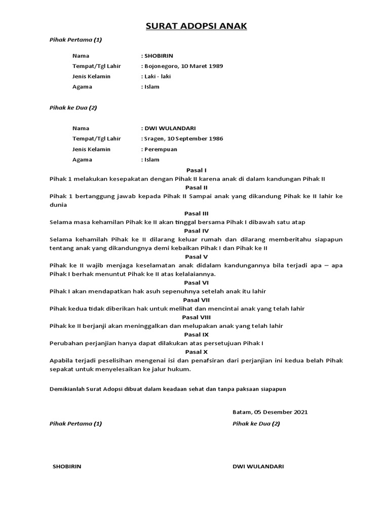 Contoh SURAT ADOPSI ANAK | PDF