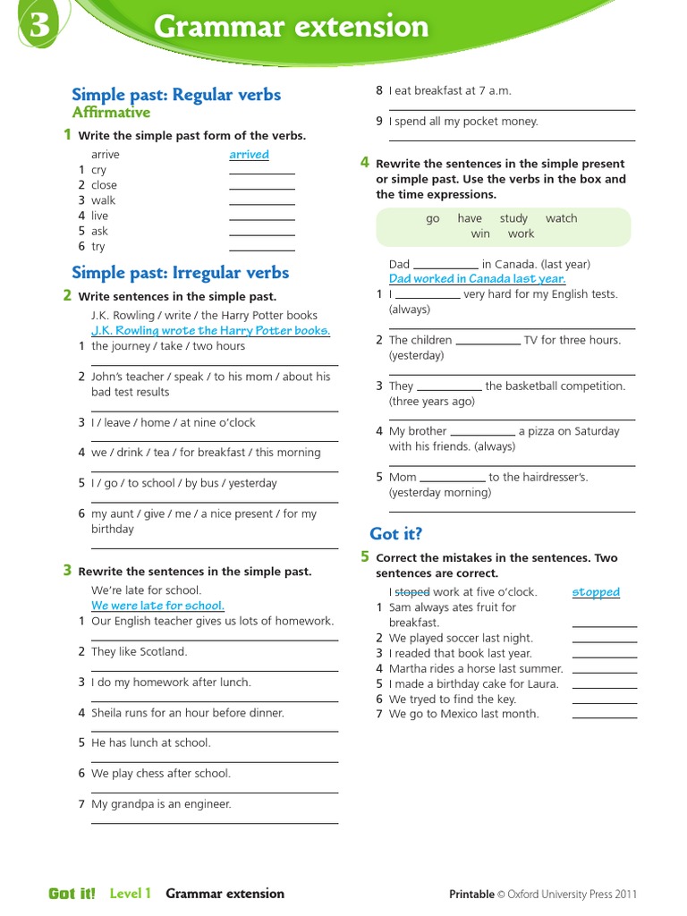 Grammar Extension Grammar Extension Simple Past Regular Verbs PDF