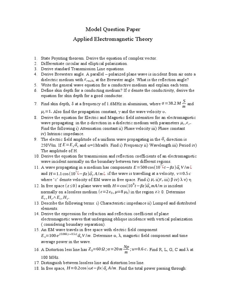 Applied Electromagnetic Theory Questions | PDF | Waves | Transmission Line