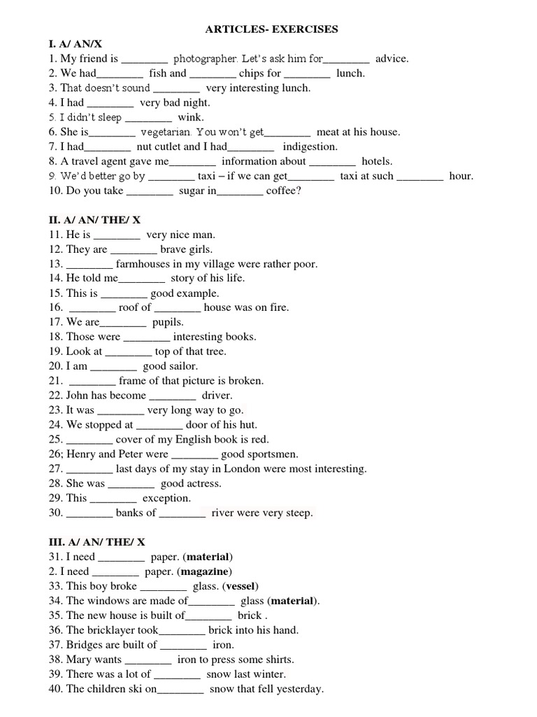 Articles-Exercises I. A/ An/X | PDF | Home & Garden | Art