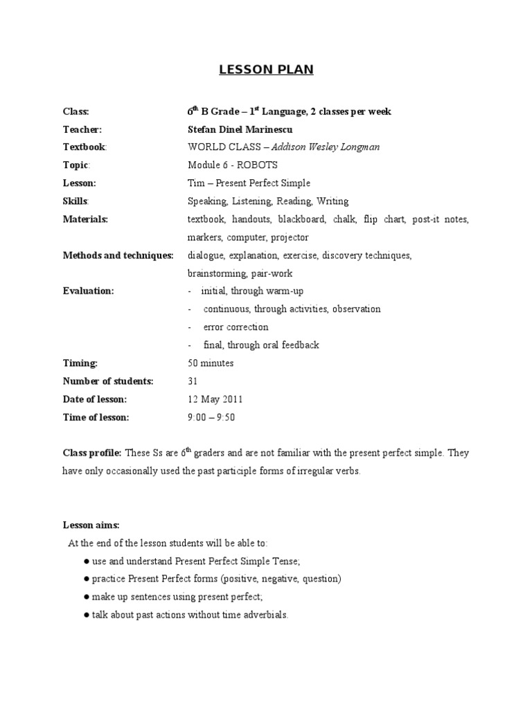 Lesson Plan - 6th Grade | Perfect (Grammar) | Grammatical Tense