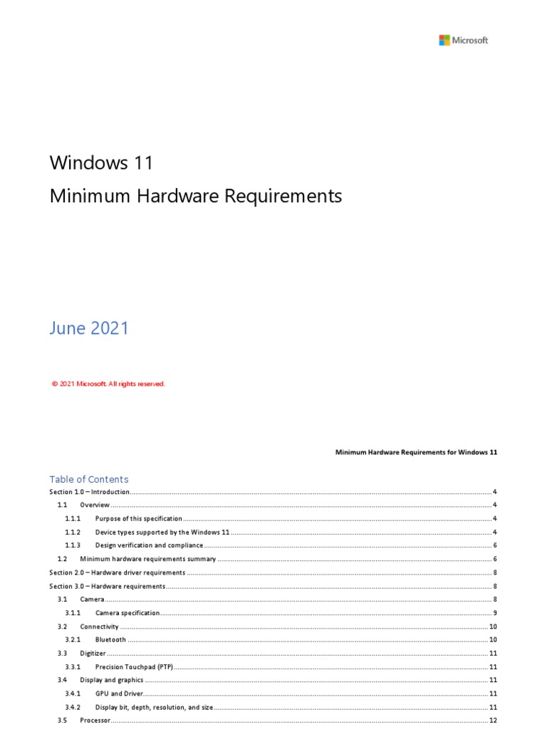 Minimum Hardware Requirements For Windows 11 PDF Microsoft Windows