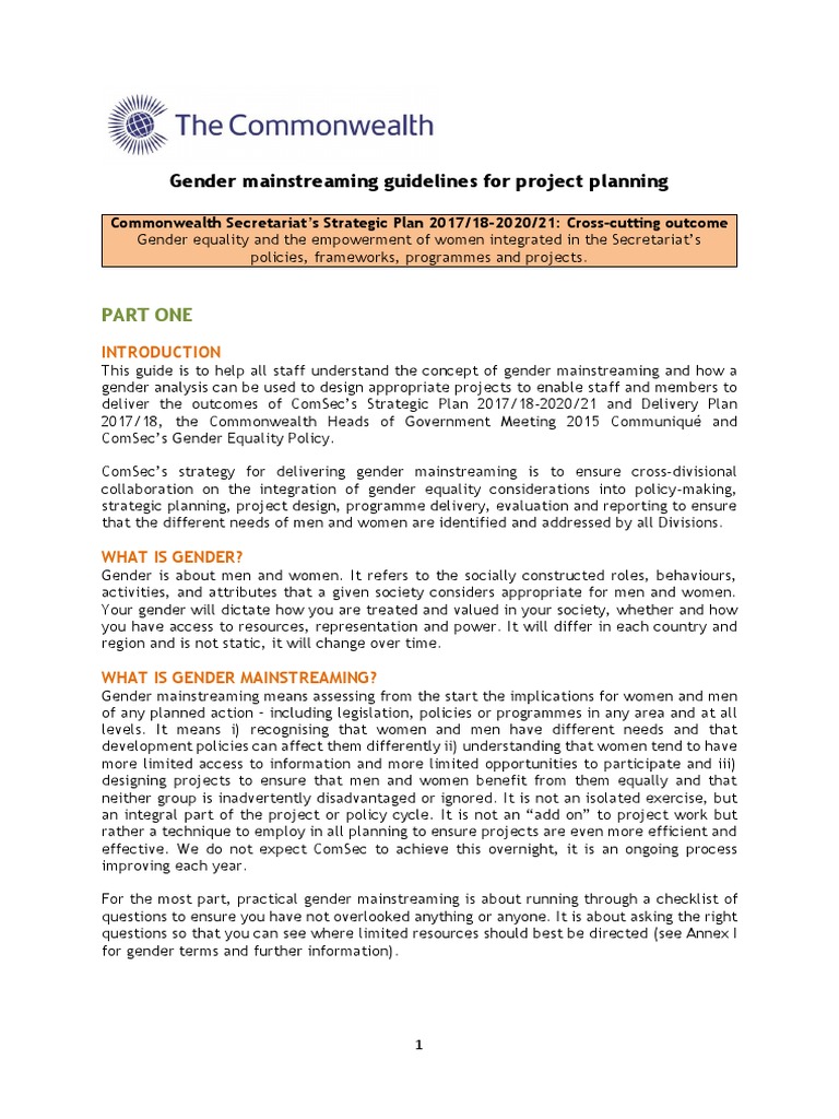 Gender Mainstreaming Guidelines For Project Planning 14july2017 0 Pdf
