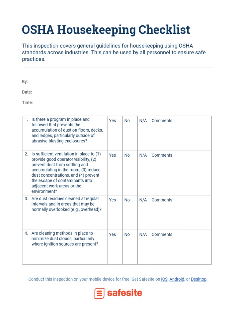 OSHA Housekeeping Inspection Checklist | PDF | Housekeeping | Dust