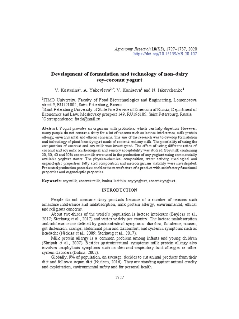 Non-Dairy Soy-Coconut Yogurt Development | PDF | Fat | Yogurt