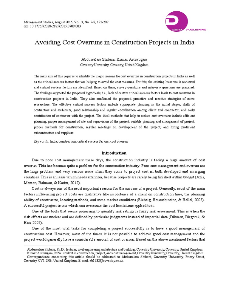 Avoiding Cost Overruns In Construction P Pdf Survey Methodology